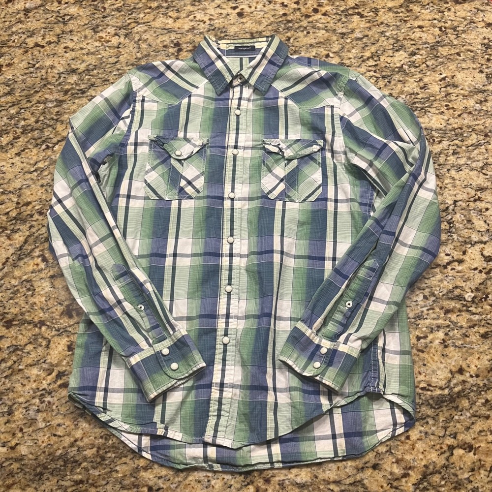 American Eagle Men Vintage Fit Plaid Western Snap Button Down Shirt Green Blue M